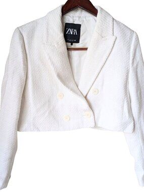Zara Women's White Tweed Cropped Blazer - Size XL